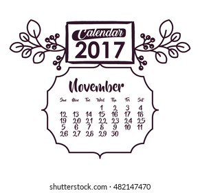 November of 2017 icon. Calendar planner and decoration theme. Black and white design. Vector illustration