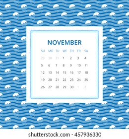 November 2017. One month calendar vector template in a page, square format. Hand drawn seamless pattern on background. Week starts on Sunday. Blue and white colors