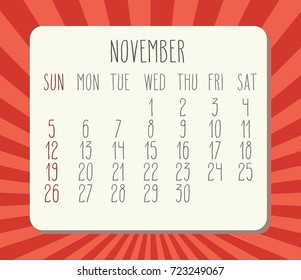 November 2017 vector calendar with hand drawn text over bright red background with rays of light. Week starting from Sunday.