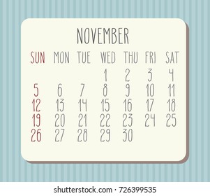 November 2017 vector calendar with hand drawn text over pastel blue striped background. Week starting from Sunday.