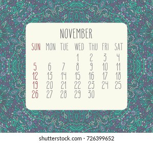 November 2017 vector calendar over blue lacy doodle hand drawn background, week starting from Sunday.
