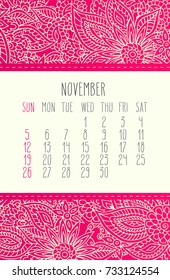 November 2017 vector calendar over pink lacy doodle hand drawn background, week starting from Sunday.