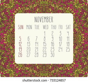 November 2017 vector calendar over pink and green lacy doodle hand drawn background, week starting from Sunday.
