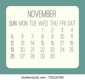 November 2017 vector calendar. Week starting from Sunday. Beige rounded rectangle over teal background.