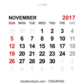 November 2017. Vector monthly calendar template 2017 year in simple style for template design. Week starts from Sunday.