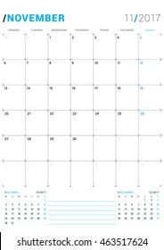 November 2017. Vector Print Template. Monthly Calendar Planner for 2017 Year. Week Starts Monday. 3 Months on the Page. Stationery Design