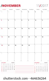 November 2017. Vector Print Template. Monthly Calendar Planner for 2017 Year. Week Starts Sunday. 3 Months on the Page. Stationery Design