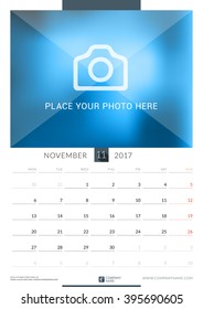 November 2017. Wall Monthly Calendar for 2017 Year. Vector Design Print Template with Place for Photo. Week Starts Monday. Portrait Orientation
