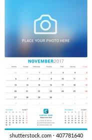 November 2017. Wall Monthly Calendar for 2017 Year. Vector Design Print Template with Place for Photo. Week Starts Monday. 3 Months on Page