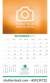 November 2017. Wall Monthly Calendar for 2017 Year. Vector Design Print Template with Place for Photo. Week Starts Sunday. 3 Months on Page