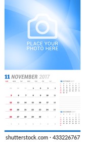 November 2017. Wall Monthly Calendar for 2017 Year. Vector Design Print Template with Place for Photo. Week Starts Sunday. 3 Months on Page. Planner Template. Stationery Design