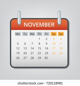 November 2018 calendar concept background. Cartoon illustration of november 2018 calendar vector concept background for web design