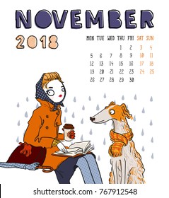 November. 2018 calendar. Cute girl with dog. Can be used like greeting cards.