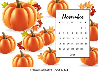 November 2018 calendar page with pumpkin pattern background. Vector illustrations