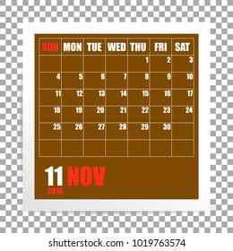 November 2018 calendar photo frame on transparent background. Autumn month. Vector illustration