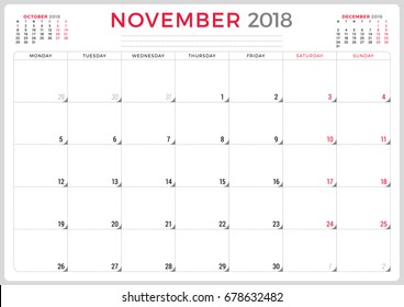 November 2018. Calendar planner design template. Week starts on Monday. Stationery design