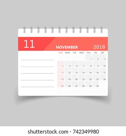 November 2018 calendar. Calendar planner design template. Week starts on Sunday. Business vector illustration.