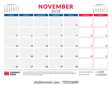 November 2018. Calendar planner design template. Week starts on Monday. Stationery design