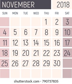 November 2018 Calendar planner design template. Lokanichny style. Vector