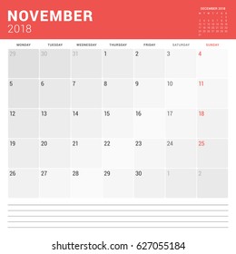 November 2018. Calendar planner vector design print template. Week starts on Monday. Stationery design
