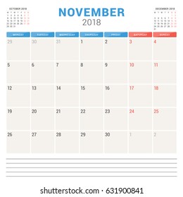 November 2018. Calendar planner vector design template. Week starts on Monday. Stationery design