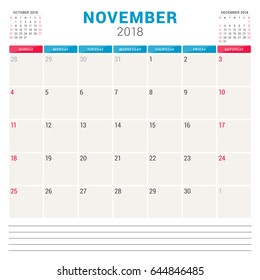 November 2018. Calendar planner vector design template. Week starts on Sunday. Stationery design