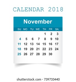 November 2018 calendar. Calendar sticker design template. Week starts on Sunday. Business vector illustration.