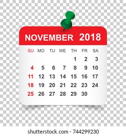 November 2018 calendar. Calendar sticker design template. Week starts on Sunday. Business vector illustration.