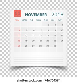 November 2018 calendar. Calendar sticker design template. Week starts on Sunday. Business vector illustration.