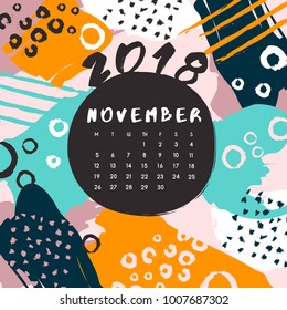 November : 2018 Calendar Template with Colorful Pattern : Vector Illustration