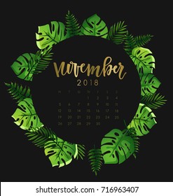 November : 2018 Calendar Template with Exotic Tropical Leaves : Vector Illustration
