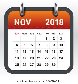 November 2018 calendar vector illustration, simple and clean design.