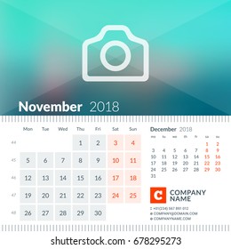 November 2018. Calendar for 2018 Year. Week Starts on Monday. 2 Months on Page. Vector Design Print Template with Place for Photo and Company Information