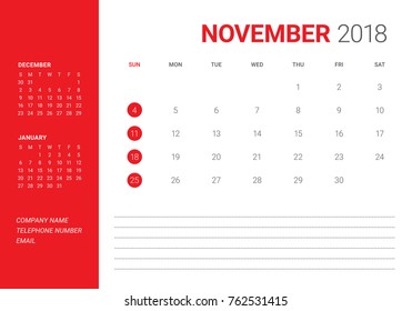 November 2018 desk calendar vector illustration, simple and clean design.