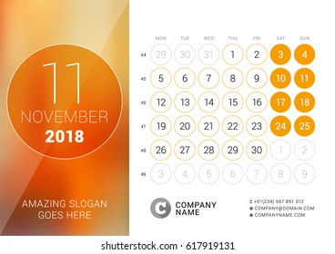 November 2018. Desk Calendar for 2018 Year. Vector Design Print Template with Place for Photo. Week Starts on Monday. Calendar Grid with Week Numbers