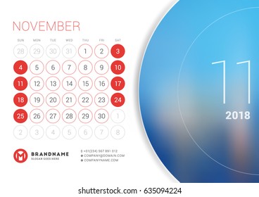 November 2018. Desk Calendar for 2018 Year. Vector Design Print Template with Place for Photo. Week Starts on Sunday