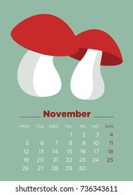 November 2018 Illustrated Calendar. Vector illustration.