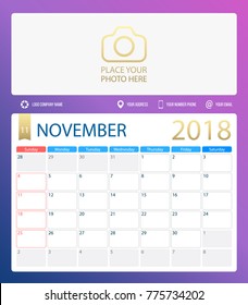 NOVEMBER 2018, illustration vector calendar or desk planner, weeks start on Sunday, size of paper for printing A4. Dark blue Violet color.