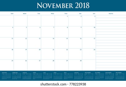 November 2018 planner calendar vector illustration, simple and clean design.