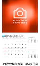 November 2018. Wall calendar planner template. Vector design print template with place for photo. Week starts on Sunday. 3 Months on page