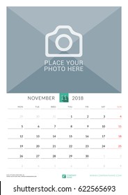 November 2018. Wall Monthly Calendar for 2018 Year. Vector Design Print Template with Place for Photo. Week Starts on Monday. Portrait Orientation