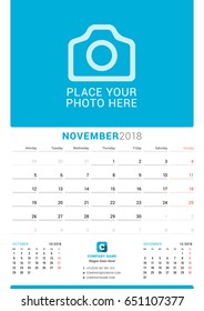 November 2018. Wall Monthly Calendar for 2018 Year. Vector Design Print Template with Place for Photo. Week Starts on Monday. 3 Months on Page