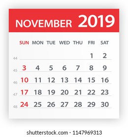November 2019 Calendar Leaf - Illustration. Vector graphic page