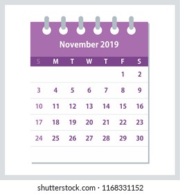 November 2019 Calendar Leaf. Monthly calendar design template. Week starts on Sunday. Business vector illustration.