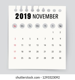 página del calendario de noviembre de 2019. Ilustración vectorial.