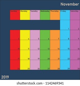 November 2019 Calendar Planer with specific color for each weekday and month color