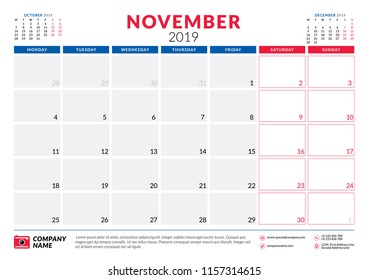 November 2019. Calendar planner stationery design template. Vector illustration. Week starts on Monday