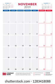 November 2019. Calendar planner stationery design template. Portrait orientation. Week starts on Monday