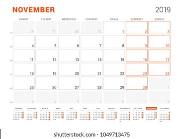 November 2019. Calendar planner for 2019 year. Vector design print template. Week sarts on Monday