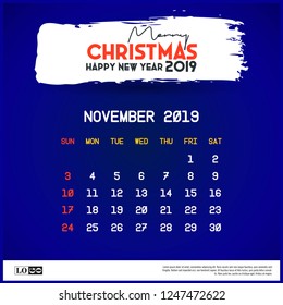 November 2019 Calendar Template. merry Christmas and Happy new year blue background